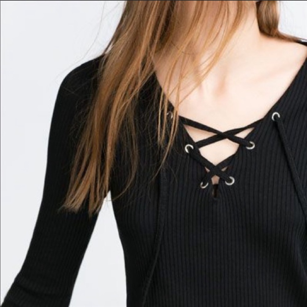 Lord & Taylor Design Lab Ribbed Lace Up Top - Picture 3 of 5